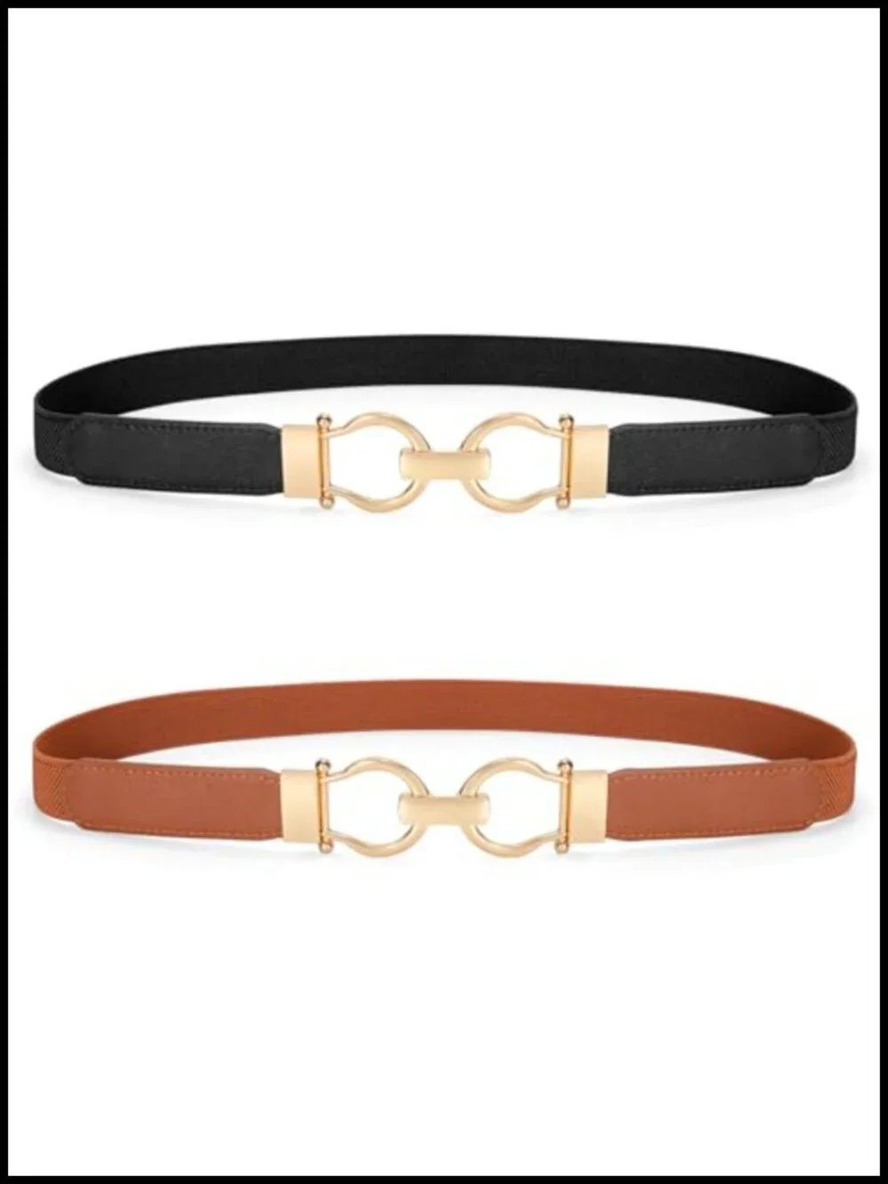 Skinny Stretch Belt for Dresses, Adjustable Waist Belt with Gold Buckle, 2 Pack